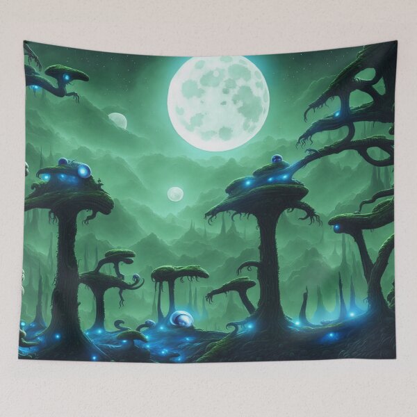 Item preview, Moonlit alien planet landscape with strange trees and spooky lights designed and sold by BrachiaST.