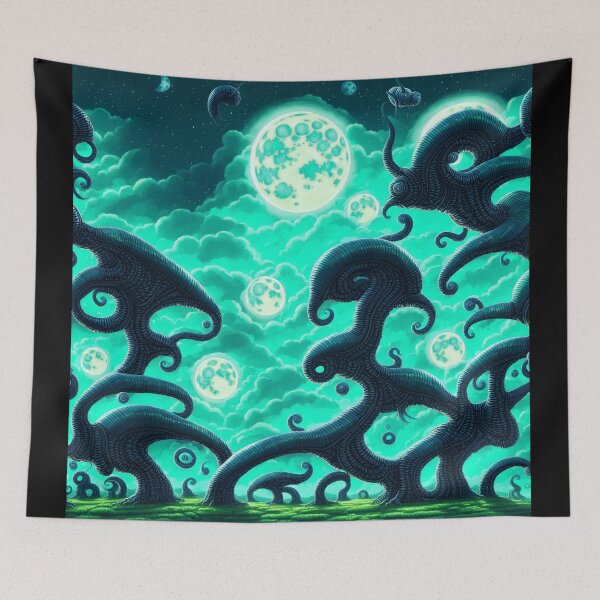 Item preview, Alien planet landscape with monster tentacle-trees letting spores out and flying snail-monsters II designed and sold by BrachiaST.