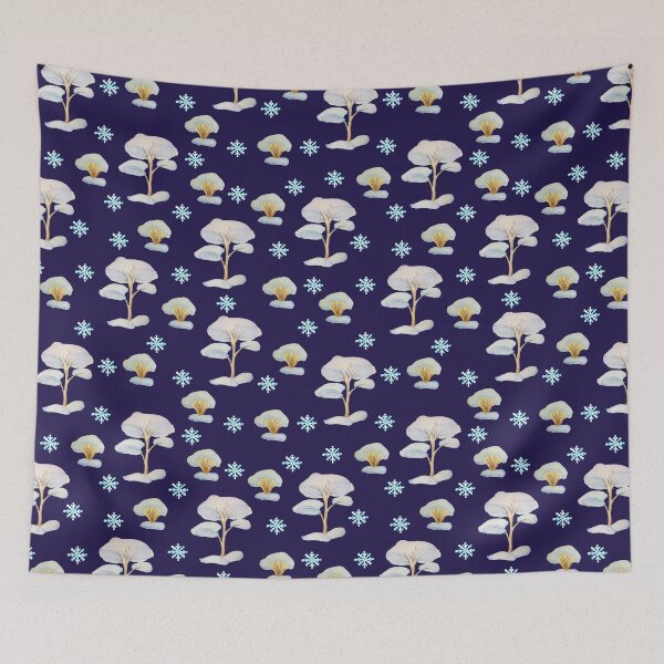Item preview, Watercolor Trees and bushes in the snow Snowflakes and tree seamless patern dark blue background patern Christmas patern Cute patern  designed and sold by Sunflower-7.