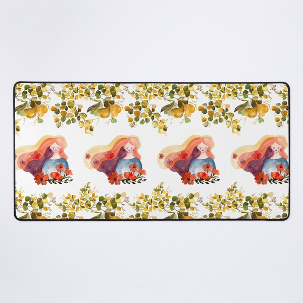 An Autumn Girl / Watercolor golden leaves Desk Mat