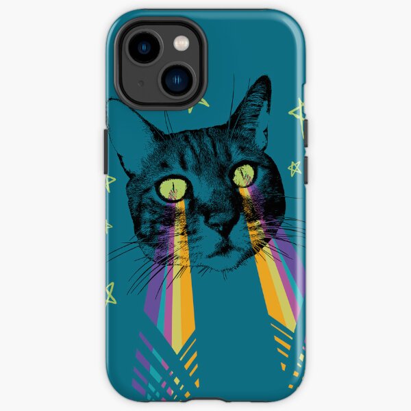 Chat laser dans les yeux, fond bleu Coque antichoc iPhone