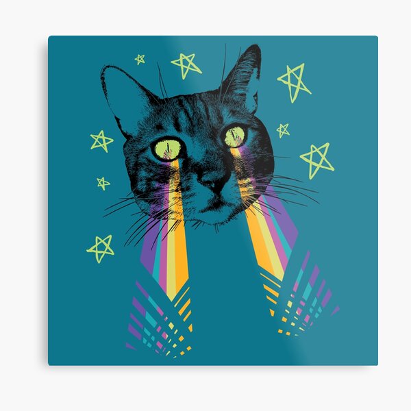 Chat laser dans les yeux, fond bleu Impression métallique
