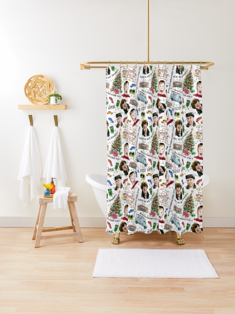 Thumbnail 1 of 5, Shower Curtain, Home Alone Kevin McCallister Christmas Holiday Pattern designed and sold by Alishathunem.