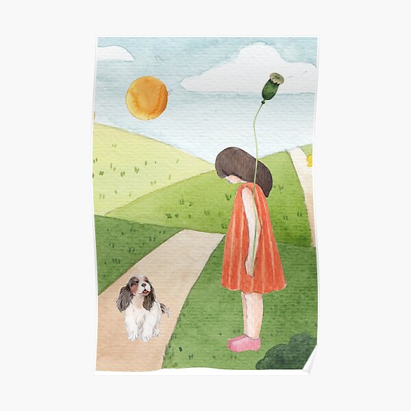 Mädchen, Welpe und Mohnballon Poster