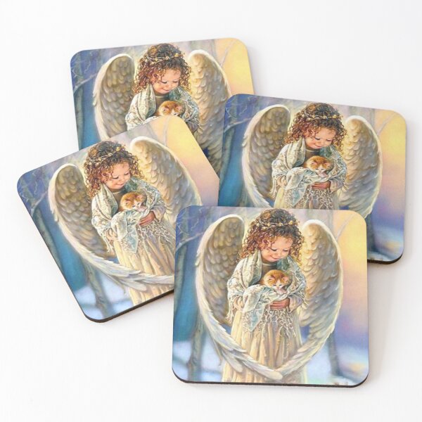 Item preview, Young Girl Angel Holding Kitty Cat Snow Background designed and sold by Rowena Jones.