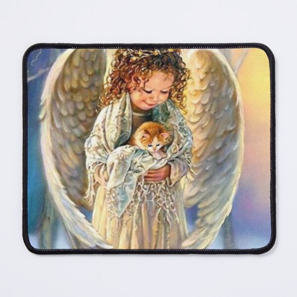 Item preview, Young Girl Angel Holding Kitty Cat Snow Background designed and sold by Rowena Jones.