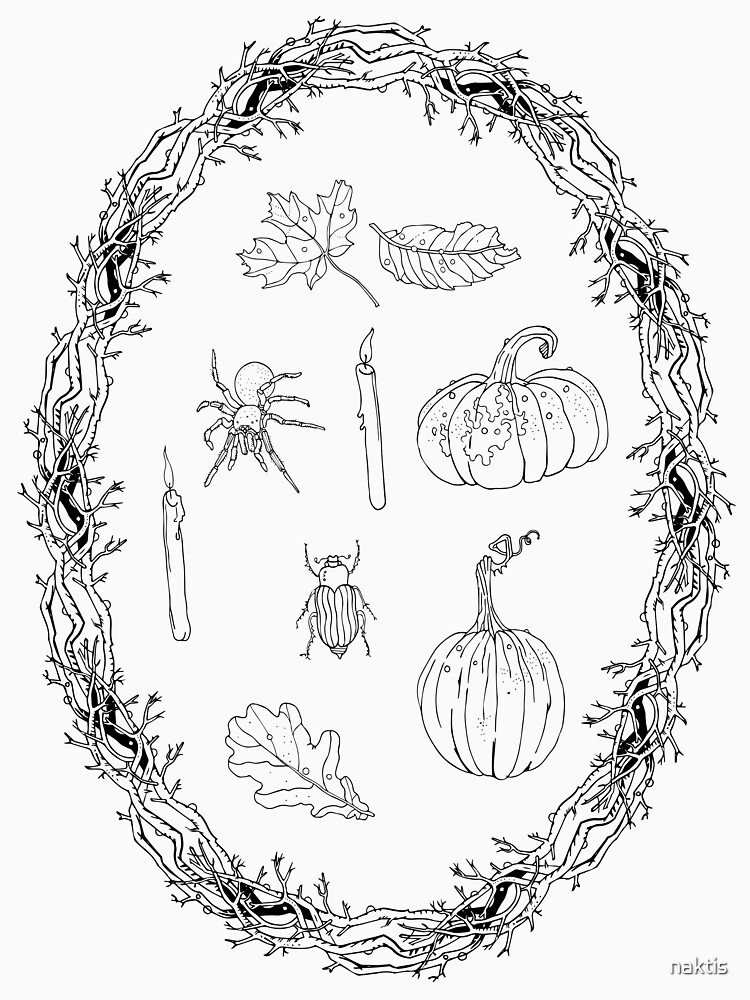 Black & white autumn wreath branches frame with Halloween symbols. by naktis