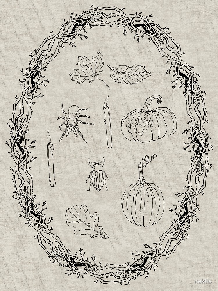 Black & white autumn wreath branches frame with Halloween symbols. by naktis