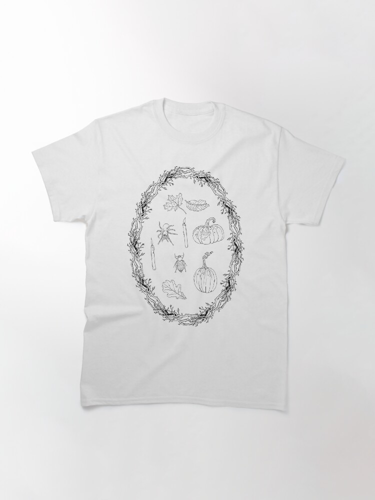 Alternate view of Black & white autumn wreath branches frame with Halloween symbols. Classic T-Shirt