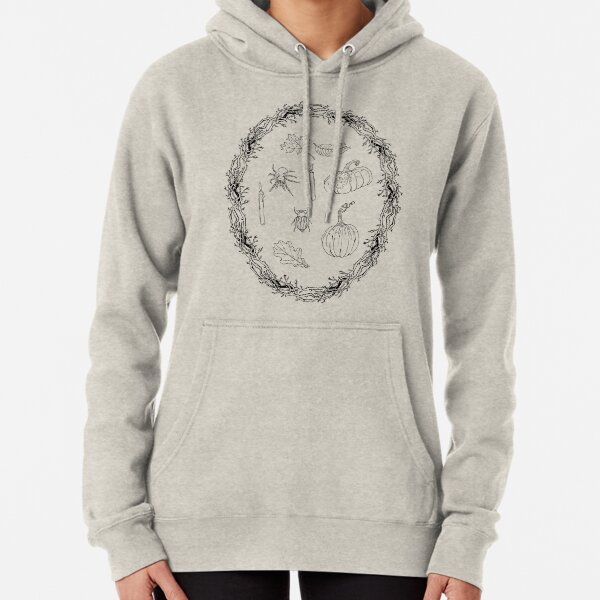 Black & white autumn wreath branches frame with Halloween symbols. Pullover Hoodie