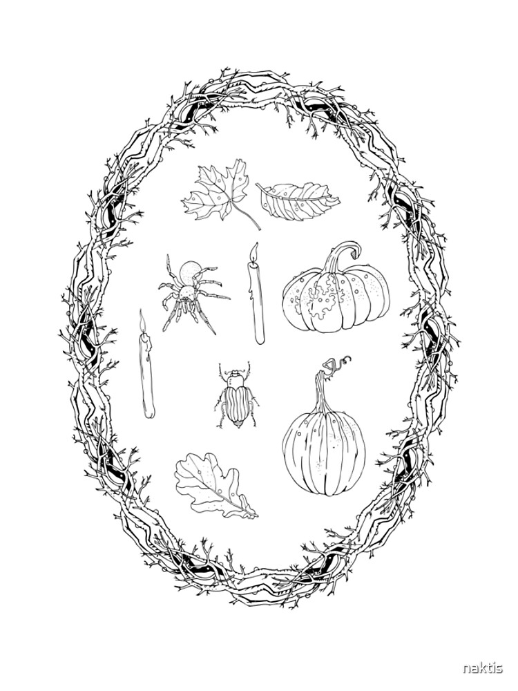 Black & white autumn wreath branches frame with Halloween symbols. by naktis