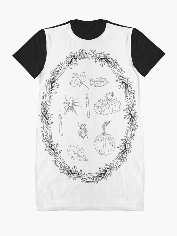 Alternate view of Black & white autumn wreath branches frame with Halloween symbols. Graphic T-Shirt Dress