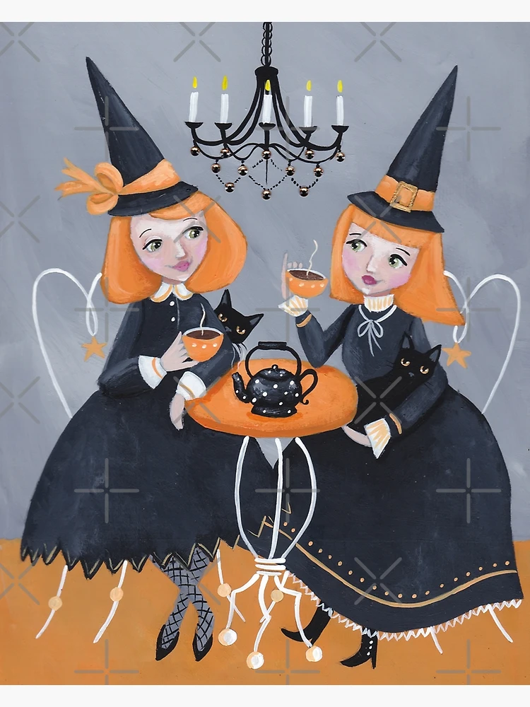 Fabric Blocks Two 5x7 Inch. Witches Tea Party. Make Cards 