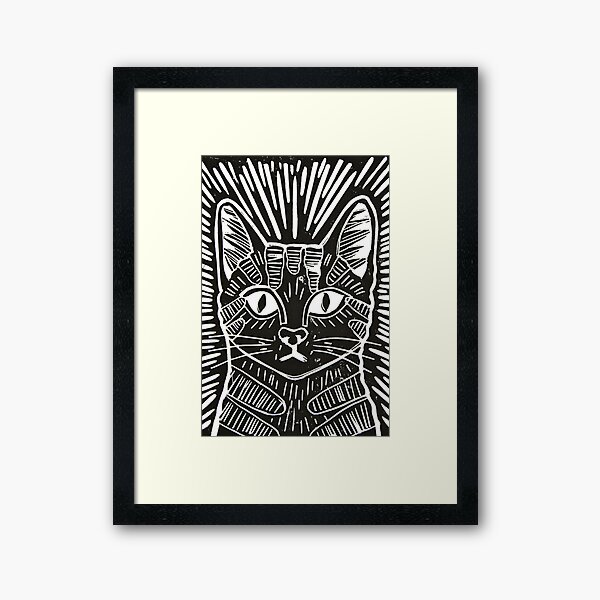 Monochromatic linocut style logo of an angry cat