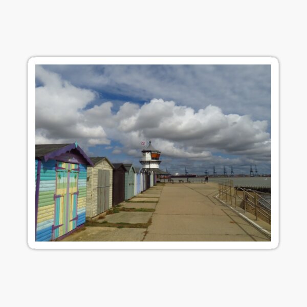 "Low Lighthouse and Beach Huts, Harwich" Sticker for Sale by