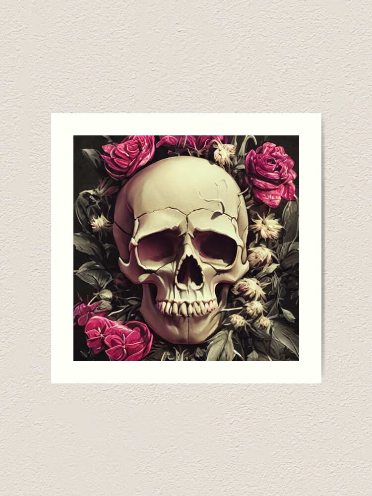 Victorian Ghotic Floral Skull, skull with floral, red roses Art