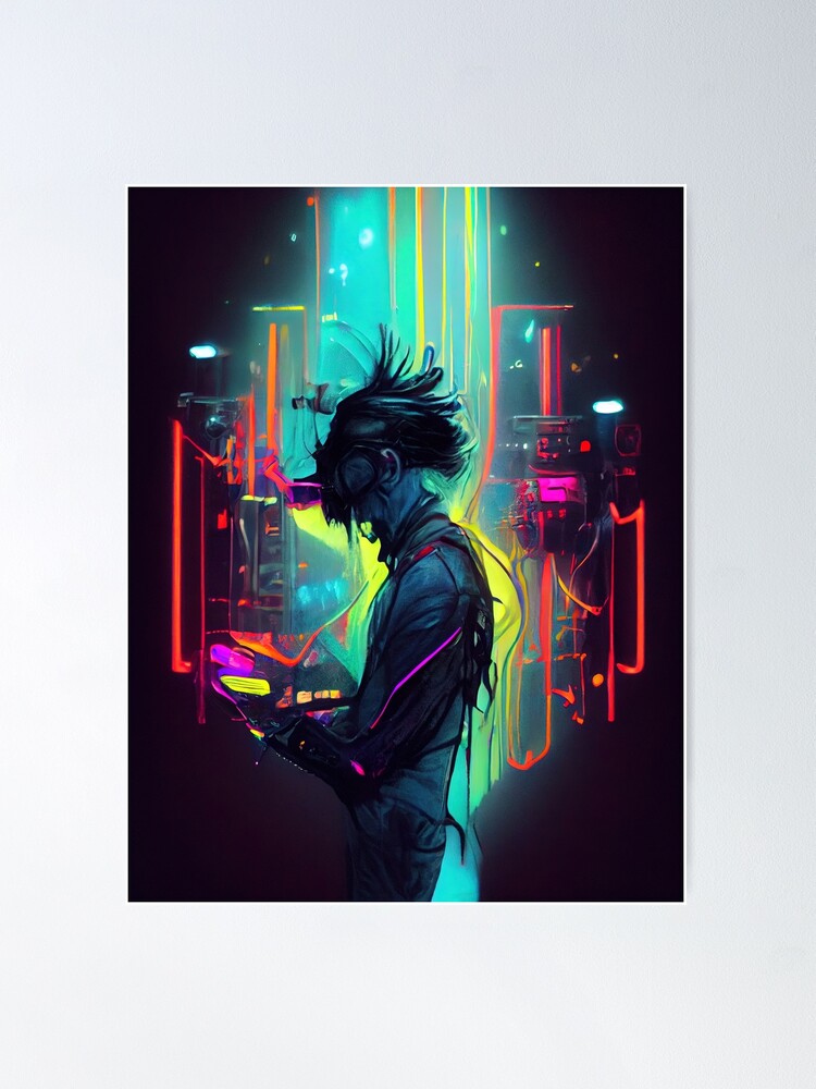 Portrait of a men in a futuristic cyberpunk style in neon clothes. A  high-tech man