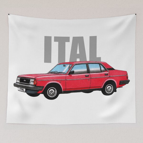 Artikelvorschau, Morris Ital 4-türige Limousine in Rot mit „Ital“-Schriftzug entworfen und verkauft von Retroblast.