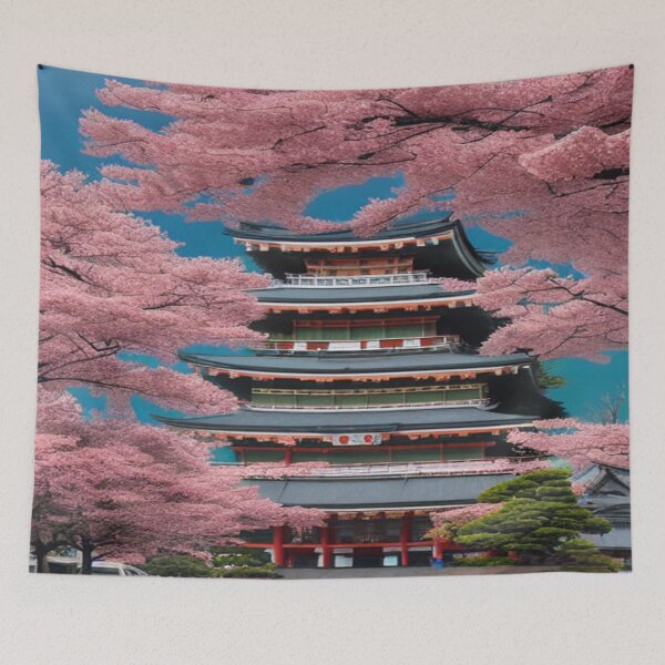 Item preview, Art of cherry trees blossoming around a temple designed and sold by TravelingOak.