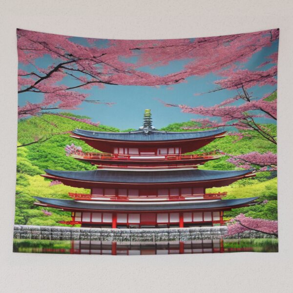 Item preview, Art of a temple with cherry blossoms designed and sold by TravelingOak.