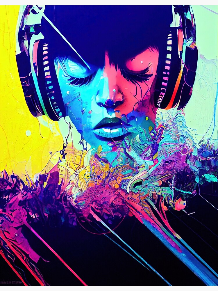 "Portrait of a girl with headphones listening to music and crying