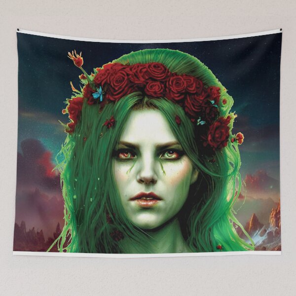 Item preview, girl with green hair and red roses AI designed and sold by SBlagojevic.