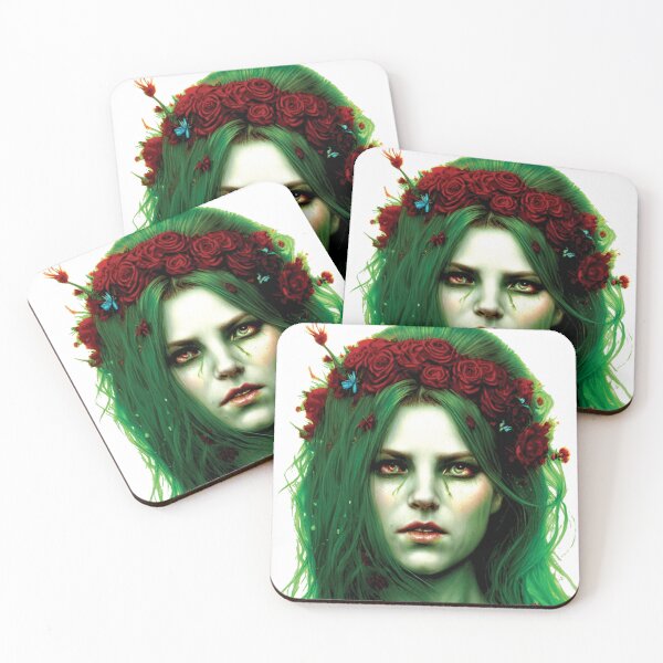 Item preview, girl with green hair and red roses AI designed and sold by SBlagojevic.