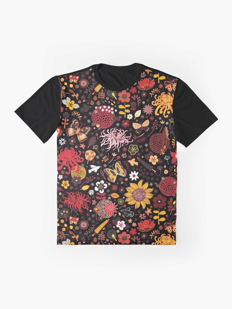 Thumbnail 4 of 5, Graphic T-Shirt, Japanese Garden - Red, Gold and Rust on Black - exotic floral pattern by Cecca Designs designed and sold by Cecca-Designs.