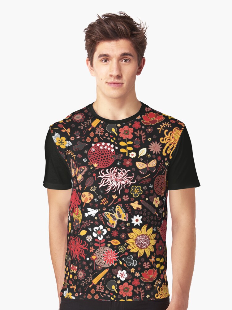 Thumbnail 1 of 5, Graphic T-Shirt, Japanese Garden - Red, Gold and Rust on Black - exotic floral pattern by Cecca Designs designed and sold by Cecca-Designs.