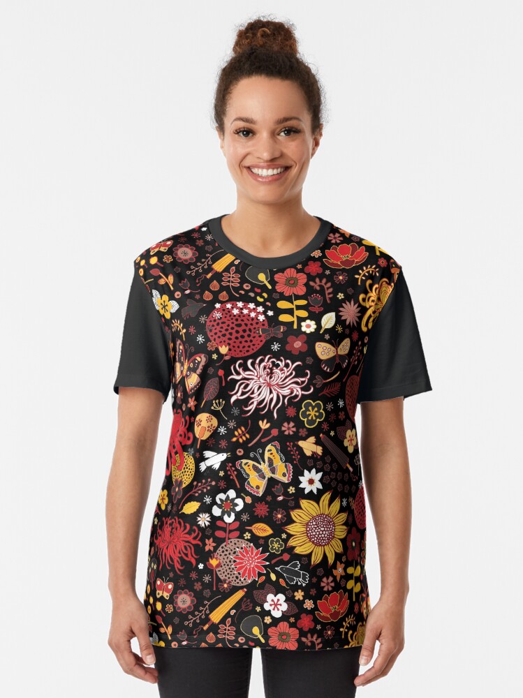 Thumbnail 2 of 5, Graphic T-Shirt, Japanese Garden - Red, Gold and Rust on Black - exotic floral pattern by Cecca Designs designed and sold by Cecca-Designs.