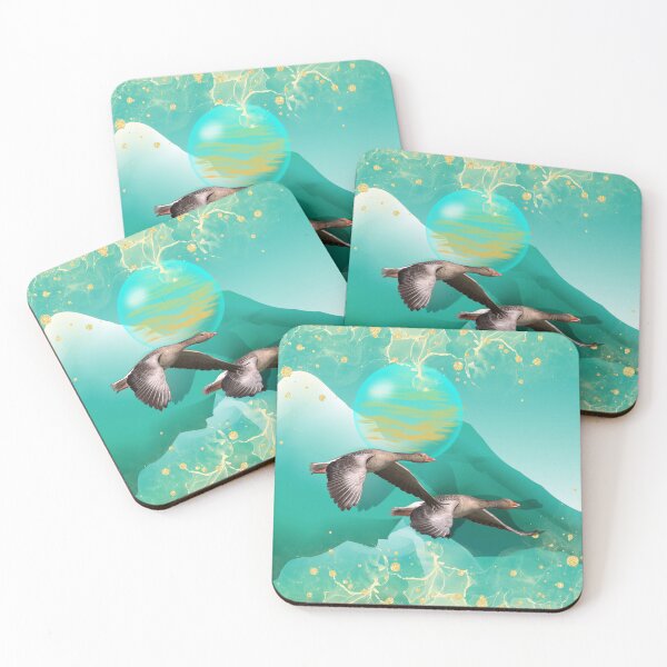 Item preview, A calming design of a pair of migrating geese using shades of teal and duck-egg blue designed and sold by Wonder & Whimsy.