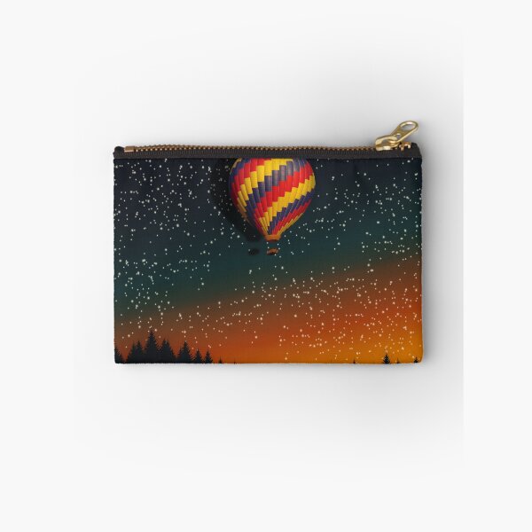Item preview, Colorful hot air balloon flying on the night sky with forest silhouette and shining stars designed and sold by CiniArt.