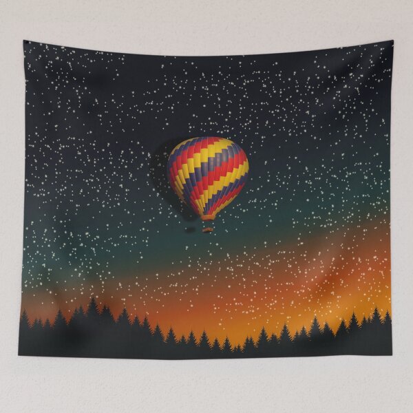 Item preview, Colorful hot air balloon flying on the night sky with forest silhouette and shining stars designed and sold by CiniArt.