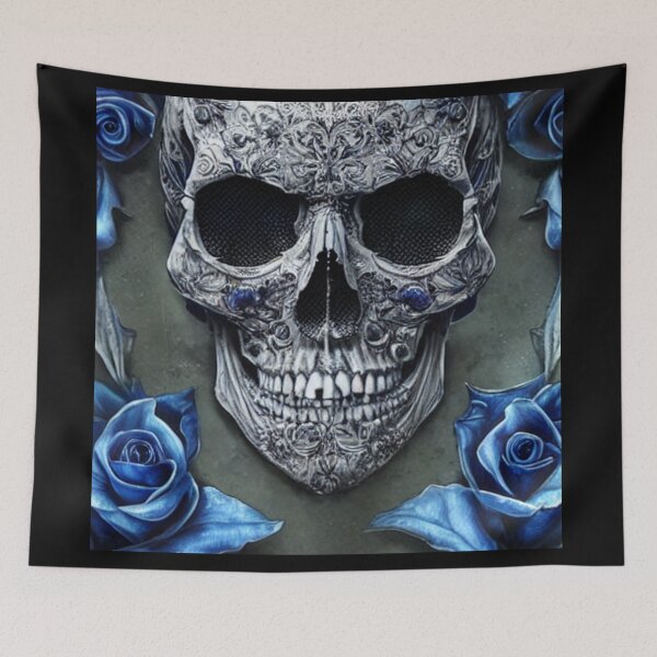 Item preview, Victorian Ghotic Floral Skull, skull with floral, blue roses designed and sold by ValleyDream.