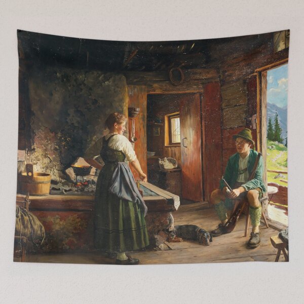 Artikelvorschau, Rastender Jäger in einer Almhütte | Emil Rau | 1930 Deutsche Kunst entworfen und verkauft von CJET.