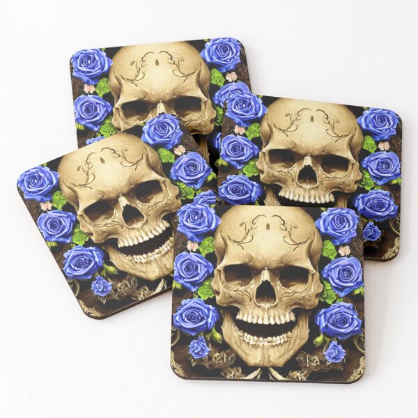 Item preview, Victorian Ghotic Floral Skull, skull with floral, blue roses designed and sold by ValleyDream.