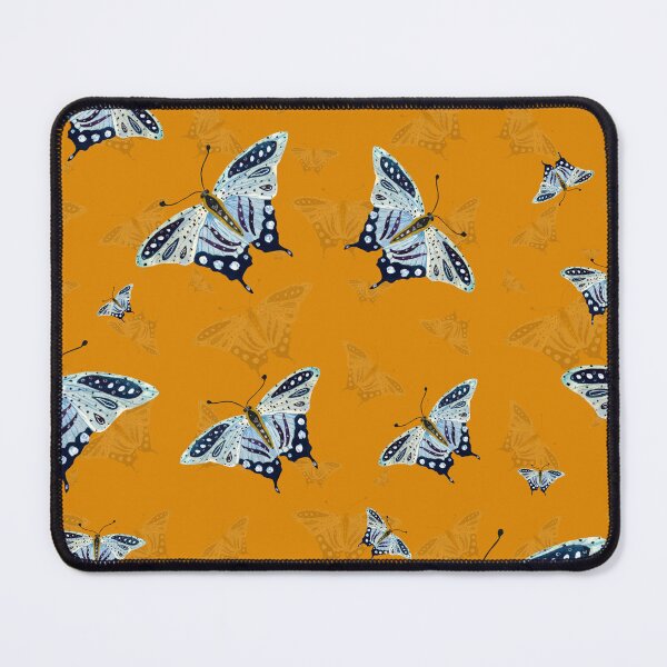 Item preview, Blue butterfly pattern watercolor on orange background designed and sold by Yana Mustafina | Boho Soulful Designs.