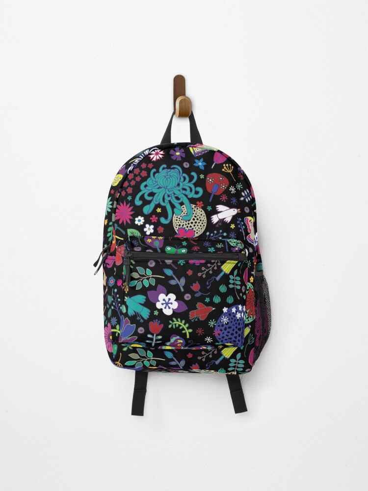 Thumbnail 1 of 3, Backpack, Japanese Garden - Multicolored on Black - exotic floral pattern by a Cecca Designs designed and sold by Cecca-Designs.