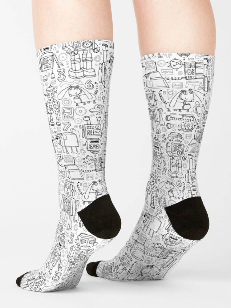 Alternate view of Robot pattern - black and white - fun pattern by Cecca Designs Socks