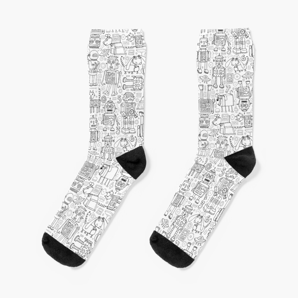 Robot pattern - black and white - fun pattern by Cecca Designs Socks