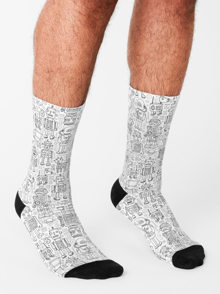 Alternate view of Robot pattern - black and white - fun pattern by Cecca Designs Socks