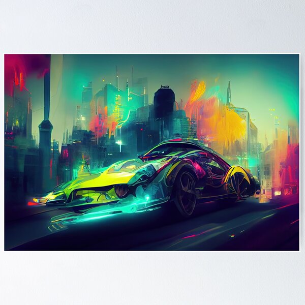 Aperçu de l'œuvre Future course automobile dans une ville cyberpunk, couleurs néon créée et vendue par pcusine.