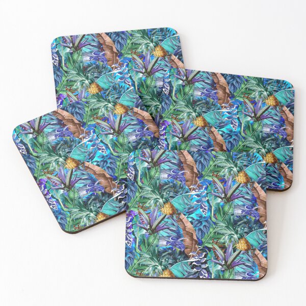Item preview, Exotic tropical colourful foliage night forest, leaves and flowers tropical pattern, botanical illustration, turquoise plants illustration  designed and sold by ZeinabTaha.