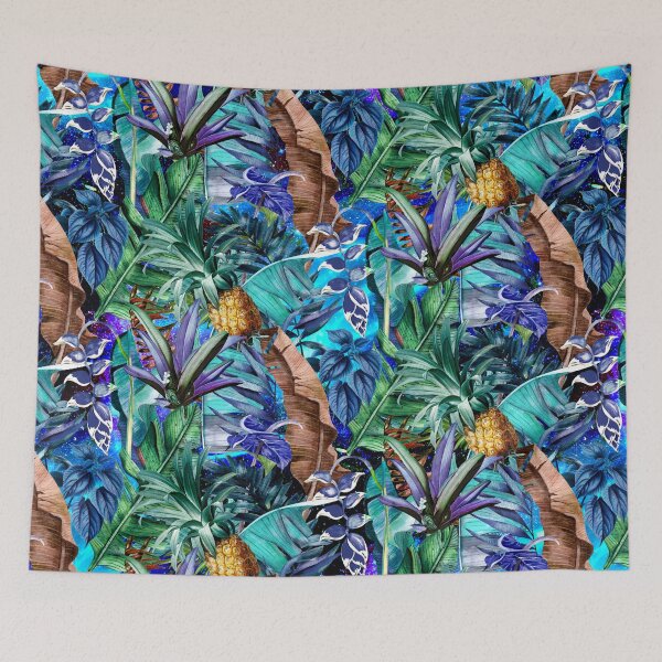 Item preview, Exotic tropical colourful foliage night forest, leaves and flowers tropical pattern, botanical illustration, turquoise plants illustration  designed and sold by ZeinabTaha.
