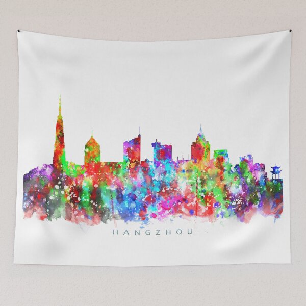 Item preview, Hangzhou, China Skyline Watercolor Painting designed and sold by InkistPrints.
