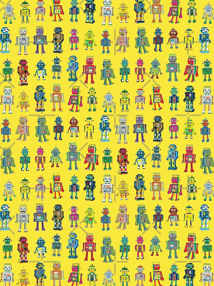 Robot Line-up on Yellow - fun pattern by Cecca Designs by Cecca-Designs