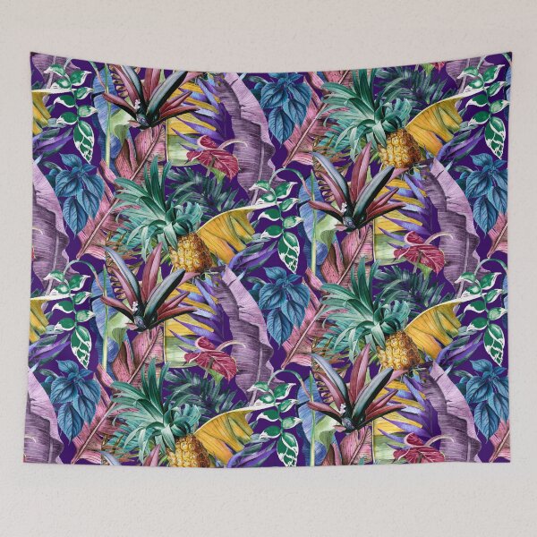 Item preview, Exotic tropical colourful foliage night forest, leaves and flowers tropical pattern, botanical illustration, purple plants illustration  designed and sold by ZeinabTaha.