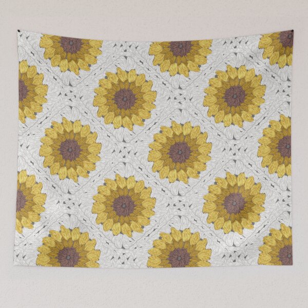 Item preview, Sunflower granny squares // beige background yellow and brown crochet flowers designed and sold by SelmaCardoso.