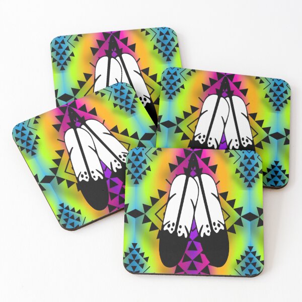 Item preview, Neon Rainbow Gradient / Black Double Feather Native Print designed and sold by JMWCD.