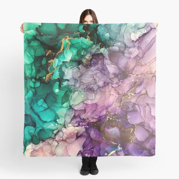 Alcohol ink artwork with green, pink, gold, purple Scarf